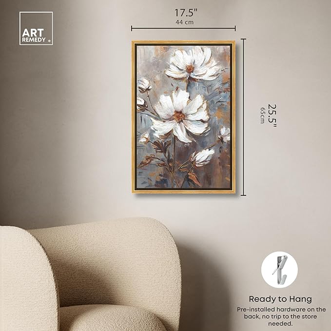 Art Remedy White Textured Flowers Canvas Elegant Floral Wall Art, Gold Frame, 16" x 24"