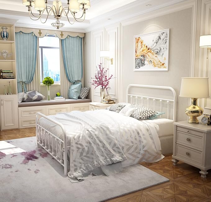 NEEBIRGELIA White Metal Bed Frame Full Size with Headboard and Footboard Single Platform Mattress Base,Metal Tube and Iron-Art Bed (Full, White)