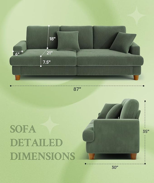 Welzona 87.2" Couches for Living Room, Comfy Green Couch 7.5" Extra Thick Cushion, Sofas for Living Room Tool-Free Setup, Loveseat Sofa 848lbs Support, Corduroy Couch for Bedroom, Apartment, Office