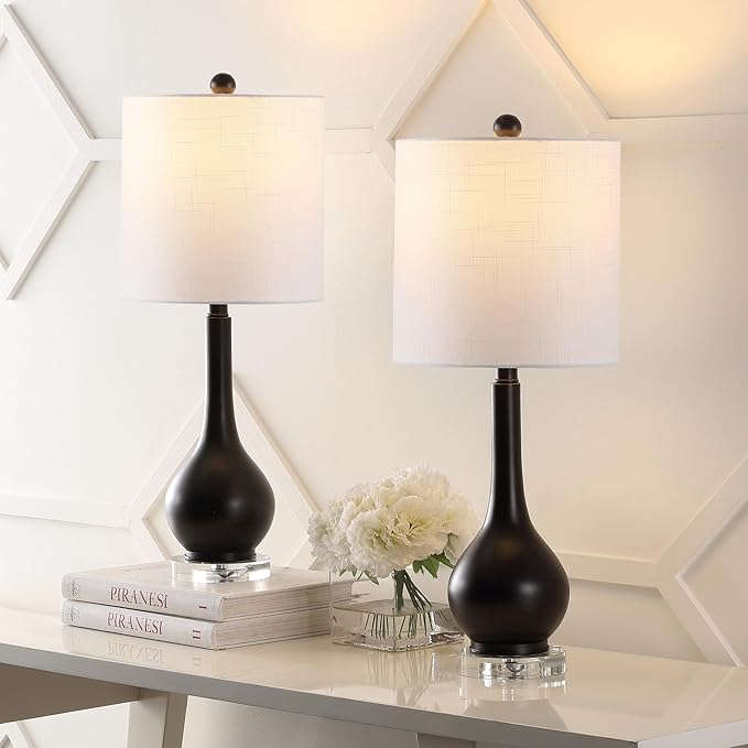 JONATHAN Y 25" Oil Rubbed Bronze Metal and Crystal Teardrop LED Table Lamp for Bedroom Living Room Bedside Nightstand, White Linen Drum Shade, LED Bulb Included, Set of 2 (JYL5010C-SET2)