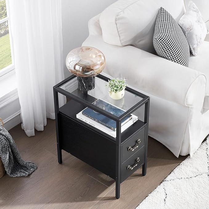 VECELO Narrow Side Table, Night Stand Sofa Table with Glass Top,Bedside End Tables with Storage Drawers,Wood Nightstand for Small Spaces Living Room Bedroom,Black