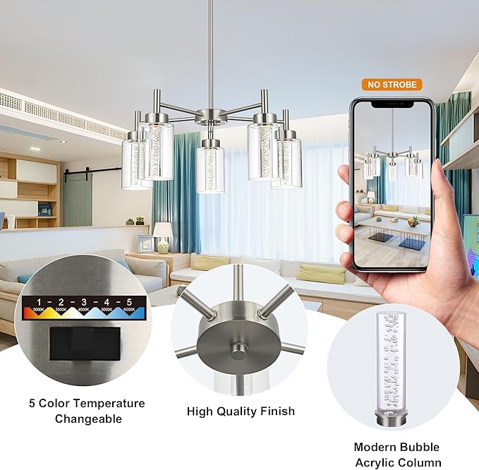 VINLUZ LED 5 Light Modern Chandeliers for Dining Room,Brushed Nickel Finish Hanging Lighting Fixture with Crystal Bubble Clear Glass Shade Kitchen Island for Hanging