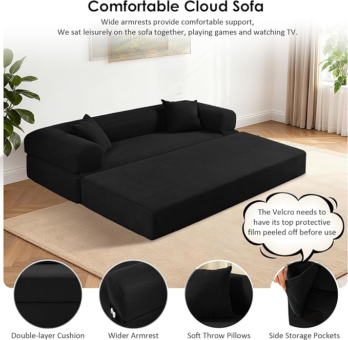 80" Convertible Sofa Bed, Corduroy Deep Seat Folding Pull Out Couch with Pillows, No Assembly Modern Boneless Couch Compression Sofa in Box, Floor Sofa with Storage Pocket for Living Room,Black