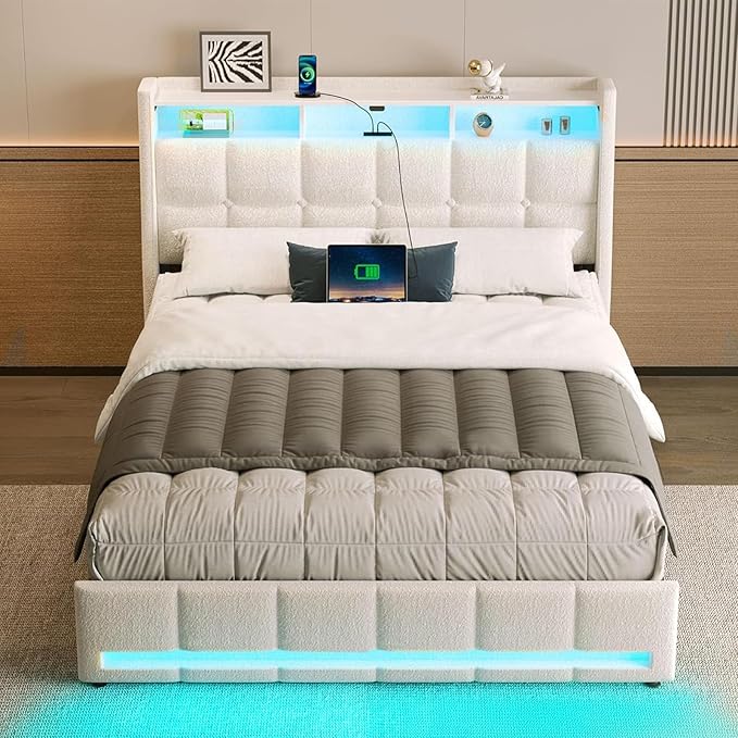 Rolanstar Full Size Bed Frame with LED Lights and Charging Station, Upholstered Headboard with 2-Tier Storage Shelves, Heavy Duty Metal Frame, Noise-Free Support, Easy Assembly, No Box Spring Needed