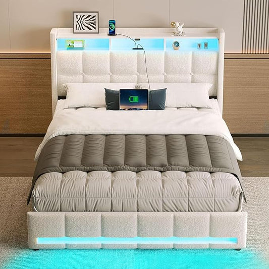 Rolanstar Full Size Bed Frame with LED Lights and Charging Station, Upholstered Headboard with 2-Tier Storage Shelves, Heavy Duty Metal Frame, Noise-Free Support, Easy Assembly, No Box Spring Needed