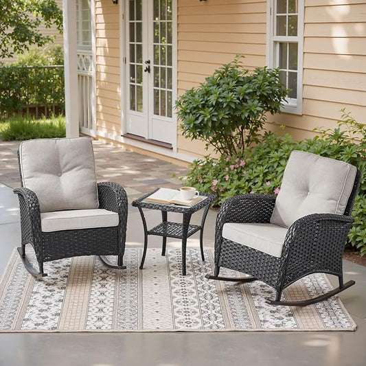 Belord Patio Rocking Chairs Wicker Set - Outdoor Rocking Chairs Set of 2 with Side Table, 3 Piece Patio Rocker Furniture Set with Water-Resistant Cushions for Porch Balcony Backyard Black