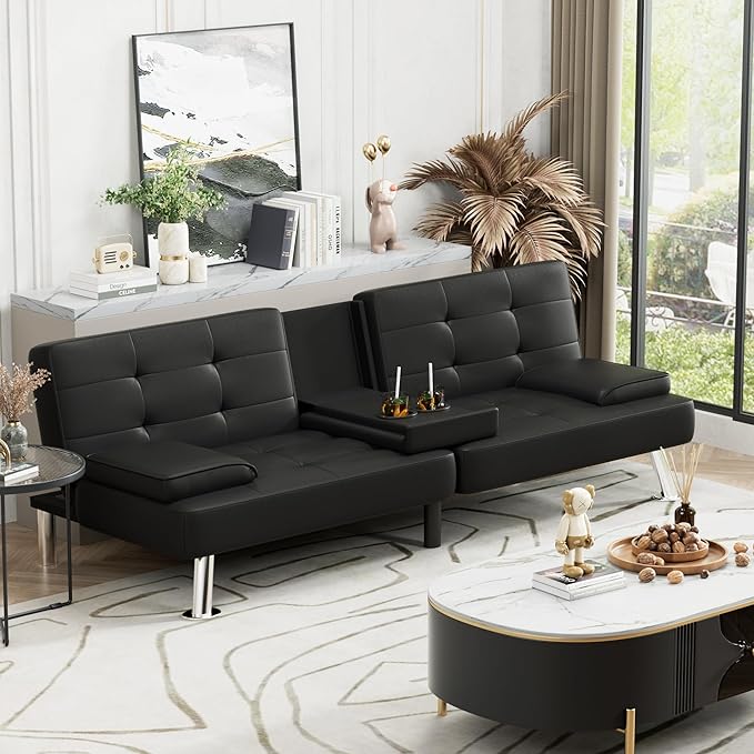 Homall Futon Sofa Bed, Leather Futon Couch with Removable Armrests, Adjustable Recliner Sleeper Sofa Bed with Dual Cup Holders for Living Room, Apartment, Office (Black), 30.7 x 65 x 28