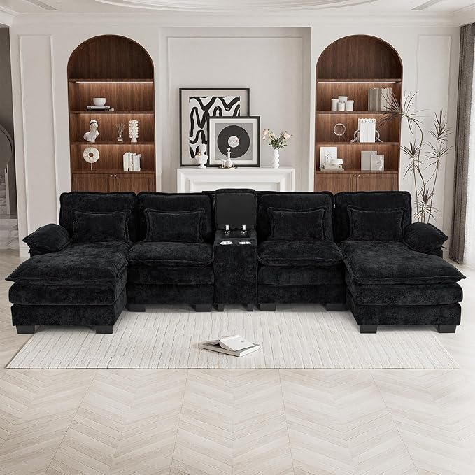 133" Oversized U Shaped Cloud Couch Modular Sectional Couches for Living Room Comfy Chenille Deep Seat Sofa Set with Double Chaise Lounge, Storage Central Console, Cup Holders, USB Port, Dark Black