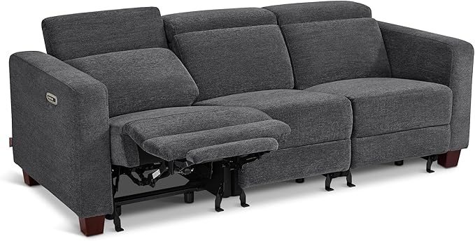 MCombo 88.6'' Reclining Sofa, Wall Hugger Power Recliner Sofa with Adjustable Headrest, USB A & C Charge Ports, Wood Legs, for Living Room (Fabric, HL198M3) (Dark Grey, 3-Seater)
