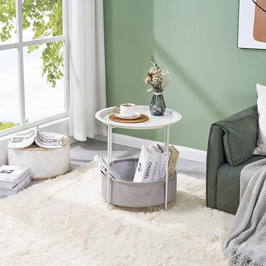 VECELO Round Side/End Table with Fabric Storage Basket，Metal Anti-Rust and Waterproof Small Bedside Nightstand with Removable Tray Top for Living Room，Balcony & Laundry，Beige/1pcs with Basket