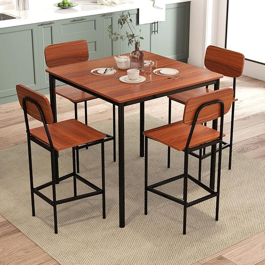 GOFLAME 5-Piece Dining Table Set for Small Space, Kitchen Table and Chairs Set for 4 with Steel Frame, Square Breakfast Table Set, Industrial Counter Height Table Set for Home Restaurant, Walnut