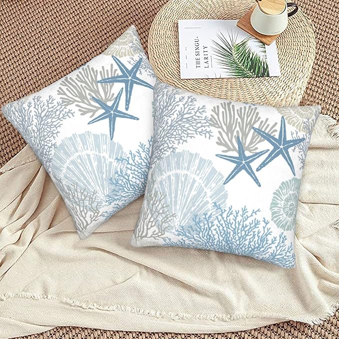 BETGINY Coastal Throw Pillow Cover 16 X 16 Inch Pack of 2, Summer Ocean Themed Pillow Covers Square Cushion Farmhouse Seashell Starfish Beach Pillow Cases for Bedroom Living Room Patio