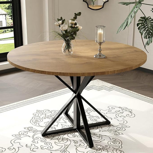 IDEALHOUSE 47 Inch Round Dining Table for 4, Farmhouse Kitchen Table with Metal K-Base, Brown Circle Wood Table for Dining Room, Kitchen, Apartment & Living Room (Table Only)