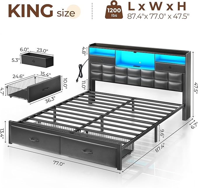 Rolanstar Bed Frame King Size with Drawers and Charging Station, Upholstered Platform Bed with Storage Headboard and LED Light, Heavy Duty Metal Frame Support, No Box Spring Needed, Noise Free, Black