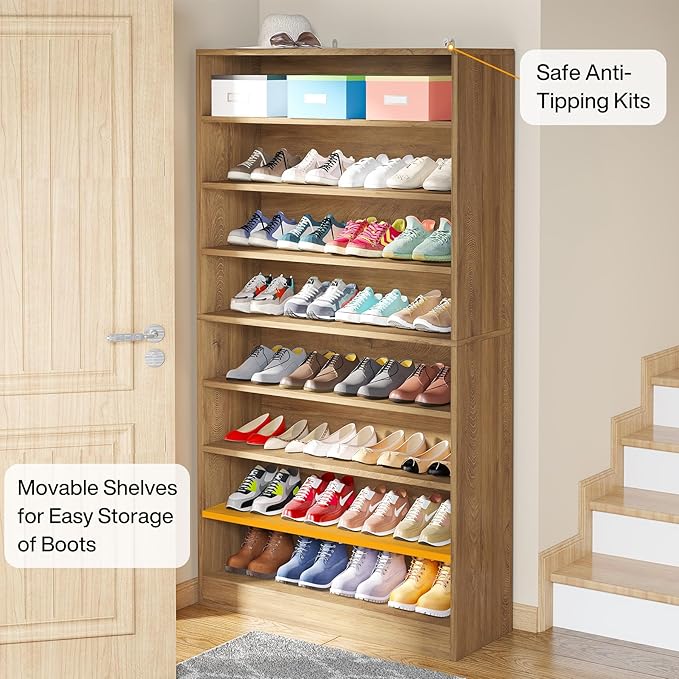 Tribesigns Tall Shoe Cabinet, 9 Tiers 40-45 Pairs Heavy Duty Wood Freestanding Shoe Storage Cabinet, 70.8'' Tall Shoe Cabinet with Open Storage for Entryway (2, Light Brown)