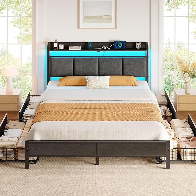 Rolanstar Bed Frame Full Size with Charging Station and LED Lights, Upholstered Storage Headboard with Drawers, Heavy Duty Metal Slats, No Box Spring Needed, Noise Free, Easy Assembly, Dark Grey