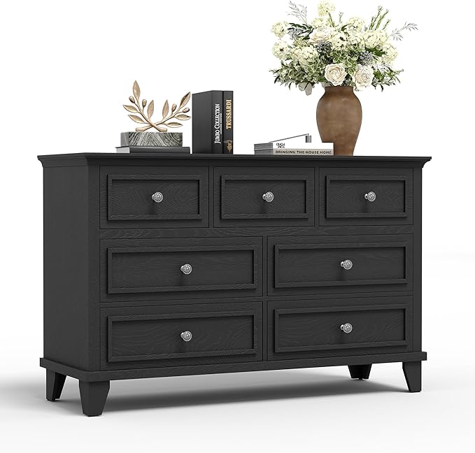 IDEALHOUSE 7 Drawer Dresser, Large Wooden Storage Chest of Drawers with Exquisite Metal Handles, 47" Wide Dresser TV Stand, Drawer Organizer for Bedroom, Living Room, Hallway, Entryway, Black