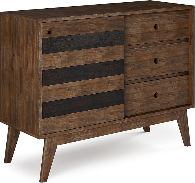 SIMPLIHOME Clarkson Storage Cabinet - 48 inch Wide Solid Acacia Wood Medium Cabinet in Rustic Natural Aged Brown, Contemporary Sideboard for Living Room with 3 Drawers and Adjustable Shelves