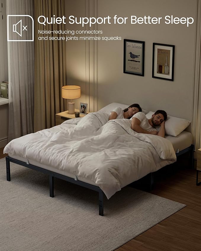 VASAGLE Queen Metal Bed Frame 14 Inches Tall, 1100 lb Weight Capacity, No Box Spring Needed, with Under-Bed Storage, Easy Setup, Heavy-Duty Platform Bed, Mattress Retainers, Matte Black URMB651BD02S