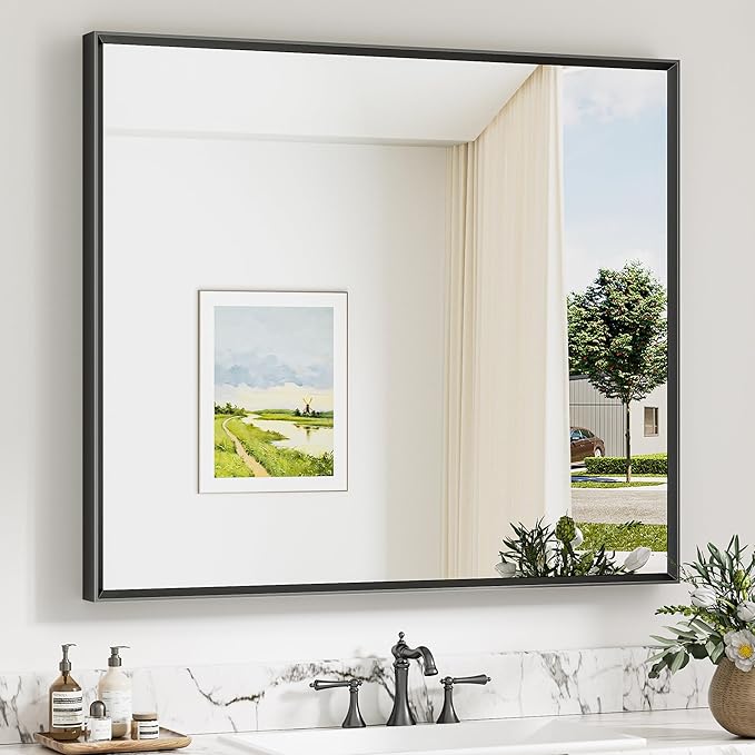 Keonjinn 42 x 36 Inch Black Bathroom Mirrors for Over Sink, Beveled Rectangle Framed Mirrors for Wall, Black Bathroom Vanity Mirror, Tempered Glass, Farmhouse Style, Hangs Horizontally or Vertically