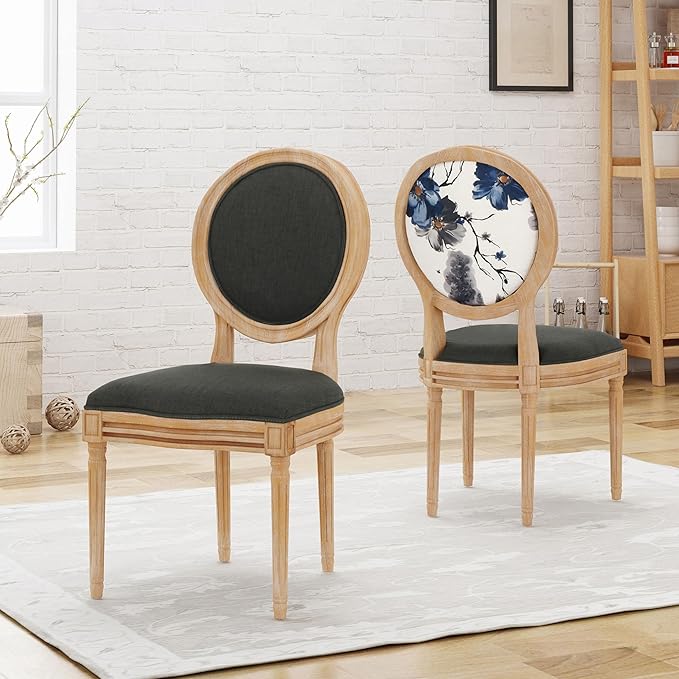 Christopher Knight Home Reed Upholstered Farmhouse Dining Chairs, Print and Dark Gray (Set of 2)