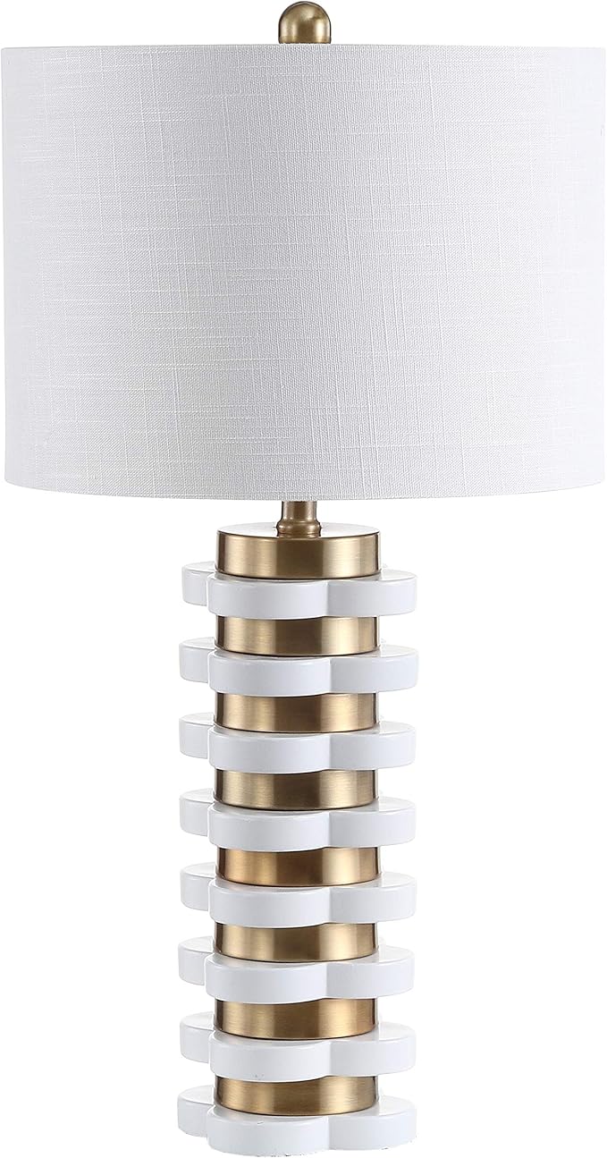 JONATHAN Y 26.5" Brass Gold Quatrefoil Striped Resin LED Table Lamp, Contemporary Glam Bedside Lamp for Living Room Bedroom, White Linen Drum Shade, LED Bulb Included JYL1010A