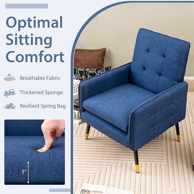Giantex Modern Mid-Century Accent Chair - Upholstered Armchair with Tufted Back, Metal Legs, Adjustable Foot Pads, Linen Fabric Single Sofa Chair for Reading, Living Room Chair for Bedroom, Blue