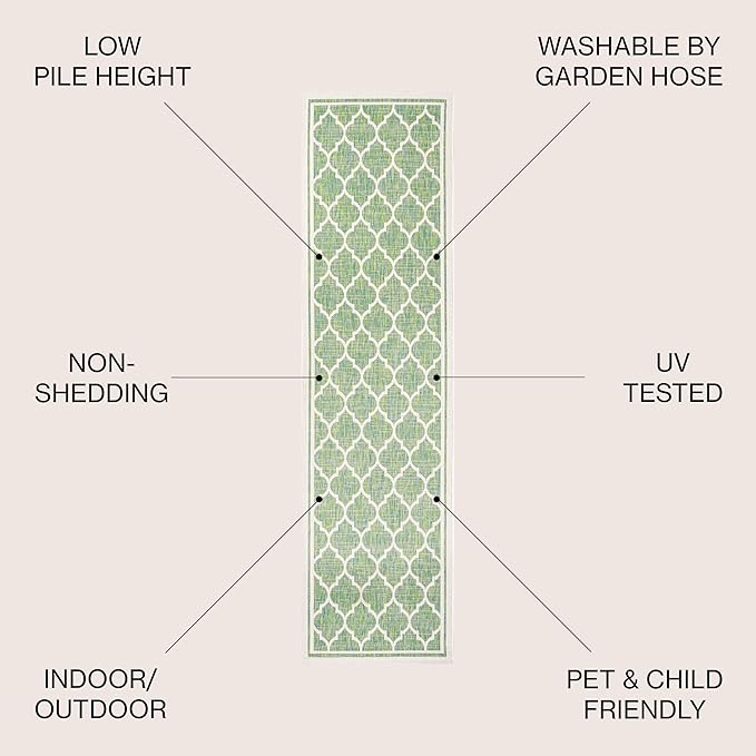 JONATHAN Y Moroccan Trellis Indoor Outdoor Runner Rug 2X8 Cream/Green, Trebol Textured Weave for Backyard, Patio, Porch, Easy-Cleaning, High Traffic, Pet-Friendly, Non-Shedding (SMB109I-28)