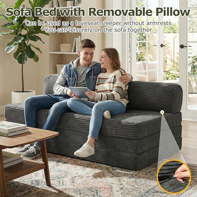 5-in-1 Convertible Sofa Bed, Boneless Loveseat Sleeper with Removable Cushions & Washable Cover,Futon Sofa Bed with Handle, Pull Out Couch for Small Spaces, King Size, Grey