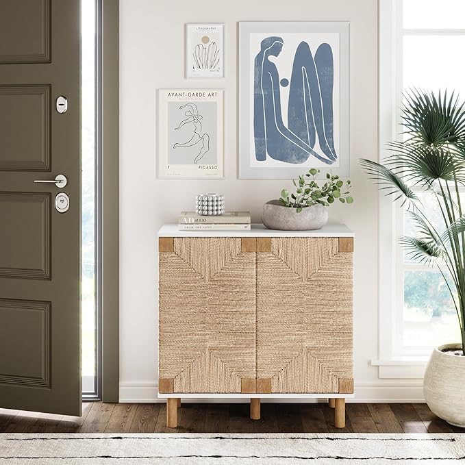 Nathan James Beacon Accent Natural Sideboard Storage Cabinet with Adjustable Interior Shelf and Seagrass Doors, for Hallway, Entryway or Dining Room, Light Brown/White