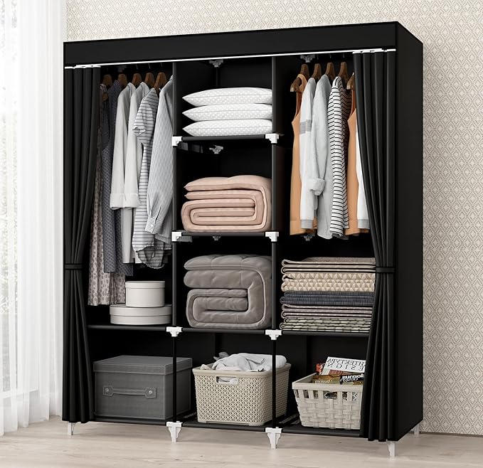51 Inch Grey Portable Closet Bundle with 51 Inch Black Portable Wardrobe with 4 Hanging Rods, 16 Storage Organizer Shelves, Durable and Easy to Assemble