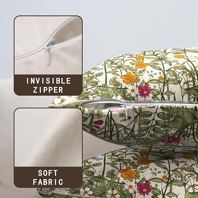 Spring Vintage Floral Pillow Covers 16x16 Set of 2 Sage Green Wildflower Plant Outdoor Throw Pillows Case Summer Rustic Wild Flowers Botanical Print Pillowcase for Farmhouse Sofa Couch Bed Decor