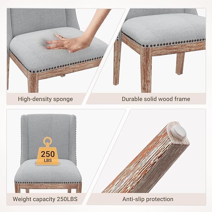Dining Chair Set of 2, Upholstered Fabric Kitchen Side Chairs with Solid Wood Legs, Comfortable Seating for Kitchen, Dining Room & Restaurant, Grey