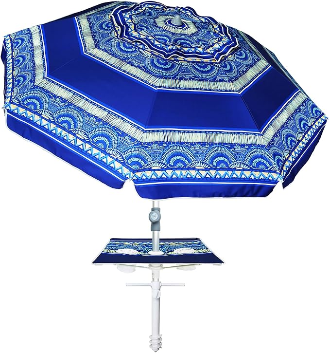 AMMSUN 7ft Heavy Duty High Wind Beach Umbrella with sand anchor, Built-in Table Tray & Tilt Pole, UPF 50+ Windproof Portable Outdoor Umbrellas Carry Bag for Patio Garden Pool Backyard stripe (Haute