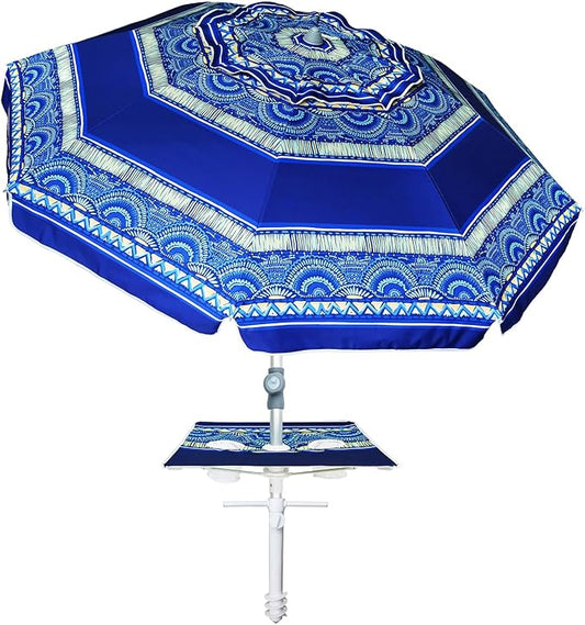 AMMSUN 7ft Heavy Duty High Wind Beach Umbrella with sand anchor, Built-in Table Tray & Tilt Pole, UPF 50+ Windproof Portable Outdoor Umbrellas Carry Bag for Patio Garden Pool Backyard stripe (Haute