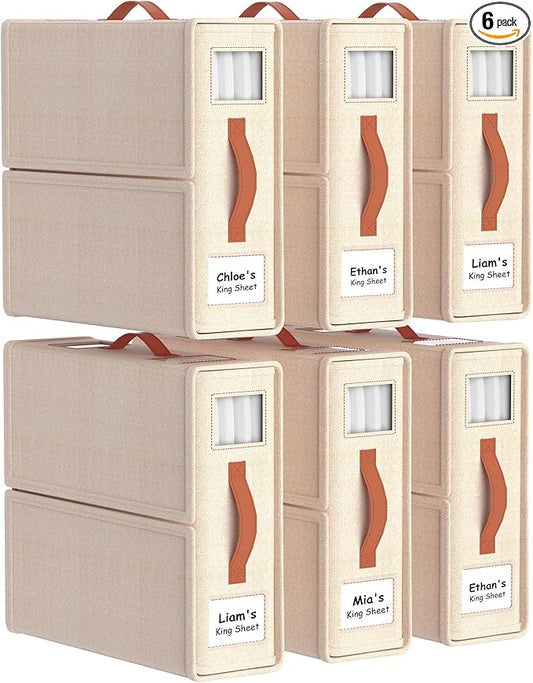 6 Pack Bed Sheet Organizers and Storage(King &Queen Size) with an Elastic Strap, Foldable Closet Linen Sheet Storage Container, Sheet Set Box for Blanket, Duvet Cover and Pillowcase, Beige