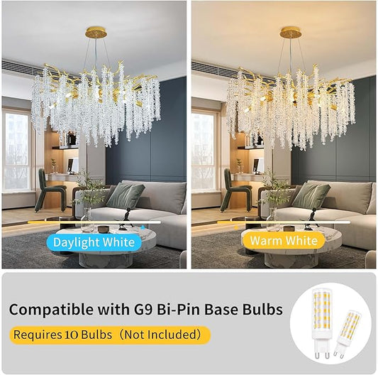 Modern Crystal Tree Branch Chandelier, Gold Round Art Deco Raindrop Lighting Fixture for Dining Room Bedroom Living Room 10 Lights D30''