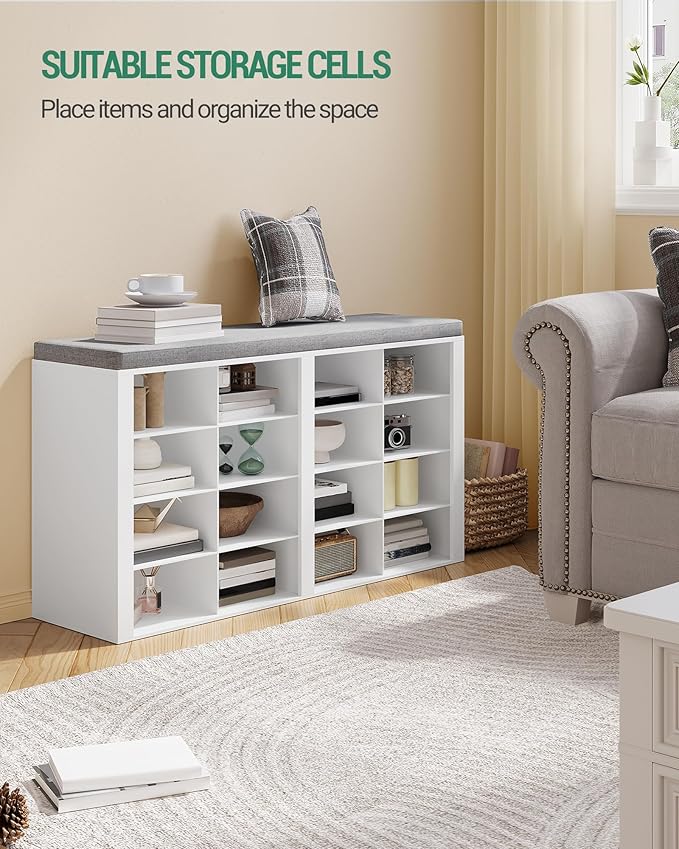 Shoe Bench with Cushion, Entryway Storage Bench with 16 Cubbies, Cubby Shoe Rack with Adjustable Shelves, Shoe Organizer Cabinet for Living Room, Bedroom, Entryway, White SB25603GY
