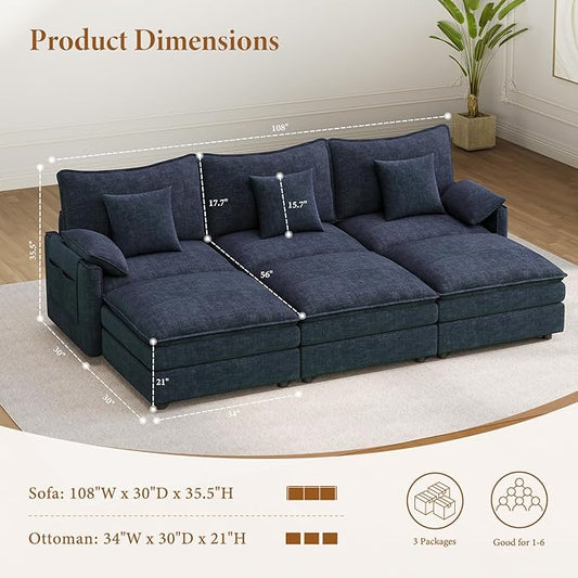 Vesgantti 108" Sectional Sleeper Sofa, 6-Seater Oversized Modular Cloud Couch with Movable Ottoman, Chenille Large Sofa Bed Convertible Deep Seat Couches for Living Room, Bedroom and Apartment, Blue | Sink-in Comfort, Height Adjustable, Easy Rearrangem...