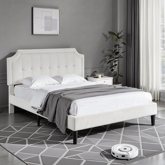 VECELO Queen Size Bed Frame with Velvet Upholstered Headboard, Platform Bedframe Mattress Foundation, Sturdy Wooden Slats Support,No Box Spring Needed Noise Free/Easy Assembly, Off White