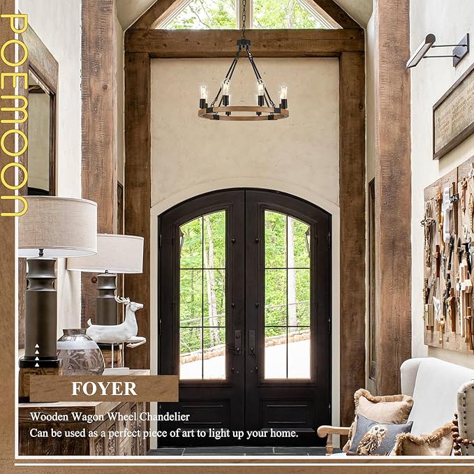 23.6'' Farmhouse Wooden Wagon Wheel Chandeliers 8 Lights Rustic Oak Wood Round Chandelier with Black Chain Natural Pendant Light Fixture for Living Dining Room Kitchen Entryway Foyer