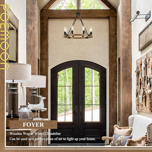 23.6'' Farmhouse Wooden Wagon Wheel Chandeliers 8 Lights Rustic Oak Wood Round Chandelier with Black Chain Natural Pendant Light Fixture for Living Dining Room Kitchen Entryway Foyer