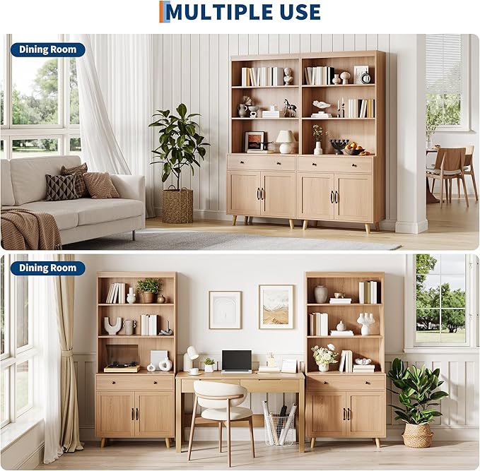 GarveeHome Tall Bookshelf with Storage Cabinet, 72.4" Wood Bookcase with 4 Doors and 2 Drawer & Open Shelves, Freestanding Display Bookshelves for Home Office, Living Room, Bedroom, Kitchen (2 Pcs)