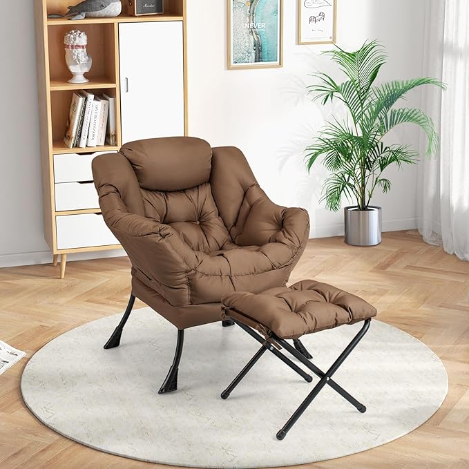 GORELAX Lazy Chair with Ottoman, Modern Accent Chair w/Armrests & Side Pocket, Upholstered Lounge Sofa Chair & Folding Footstool Set, Reading Chair for Bedroom, Living Room, Dorm Room (Brown)