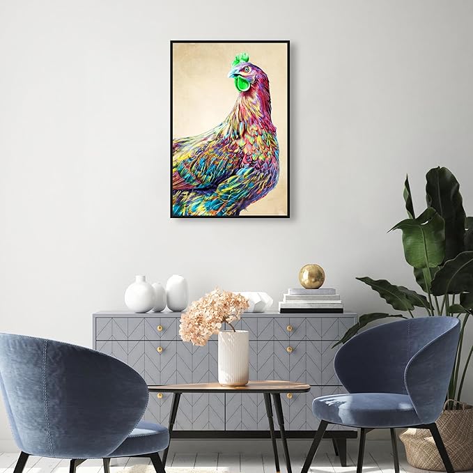 Country Farmhouse Canvas Print Painting Animal Wall Art 'Fun Colorful Glam Rooster' Black Framed Canvas Rustic Home Décor 20x30 in Pink, Green by Oliver Gal