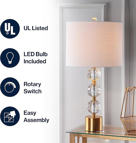 JONATHAN Y 25.25" Clear and Brass Gold Crystal Table Lamp, Modern Glam Faceted Orb Bedside Lamp with White Linen Drum Shade for Living Room Bedroom, LED Bulb Included JYL5017A