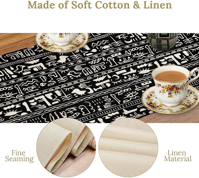 Egypt Table Runner Ancient Egyptian History Mural Old Hieroglyphic Elements Imperial Art Pattern for Coffee Table Dining Indoor Kitchen Holiday Picnic Party Camp Decor 13x90in