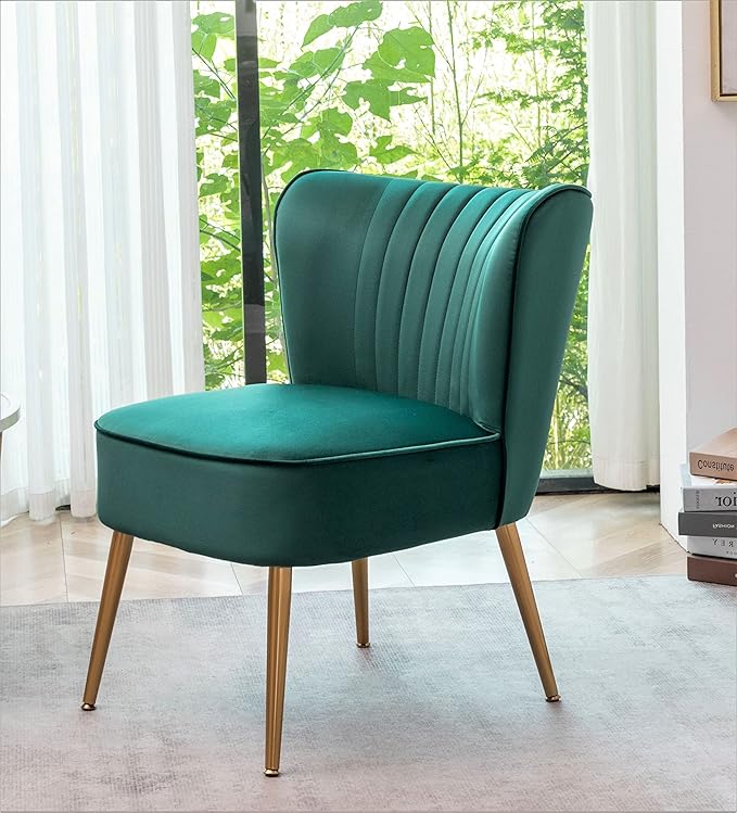 Modern Velvet Accent Chair for Living Room, Bedroom, or Entryway, Stylish and Comfortable Armless Design with Metal Legs, Green