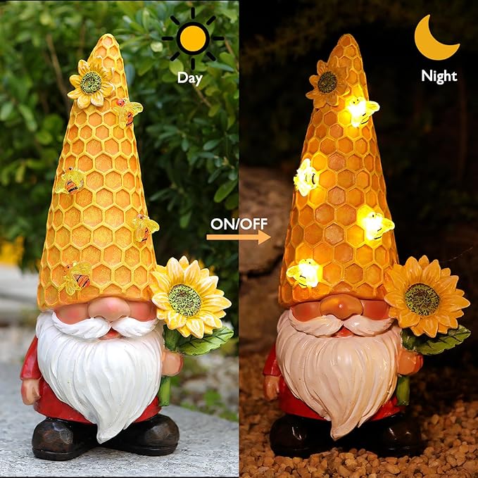 12.3''Garden Gnomes Outdoor Statues Clearance for Garden Decor with Solar Bee Lights,Spring Decorations Gnomes Outside Decor - Sunflower Gift for Women Mom,Yard Art Ornament for Patio Lawn
