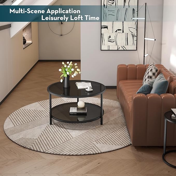 SAYGOER 27.6'' Round Coffee Table 2 Tier Black Glass Coffee Tables with Storage Shelf for Large or Small Space Modern Simple Sofa Table for Living Room Home Office, Easy Assembly…